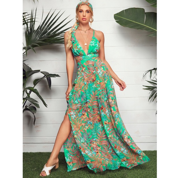 Tropical Print Maxi Dress Green Cut Out Open Back - Picture 3 of 6